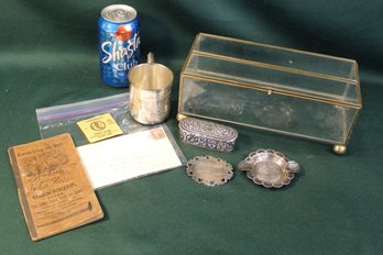 Sterling Belt Buckle, Sterling Cup, Sterling (?)covered Snuff Box, Glass Box & Antique Recipe Book     (138)