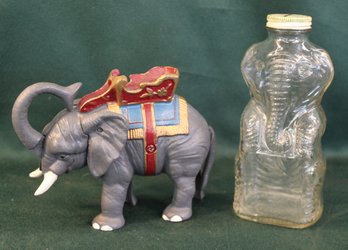 Vintage 2 Elephant Banks - Metal Mechanical & Glass Still Bank, 5' & 7'H   (138)