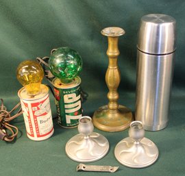 Pair Pewter & Single Brass Candle Holders, Can Lights, Opener, LL Bean Thermos   (139)