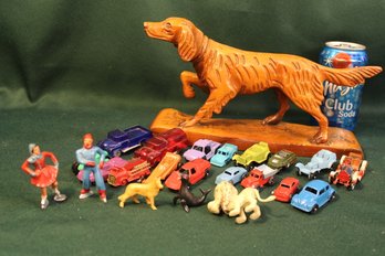 Toys - 17 Vehicles, 2 Metal Skaters In Tin & Carved Setter, 10'x6'H   (13)