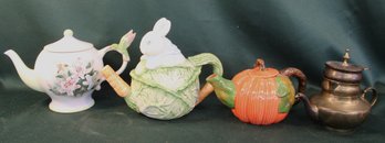 4 Teapots - 3 Ceramic Hummingbird, Rabbit, Pumpkin & 1 Metal W/cup & Saucer  (141)