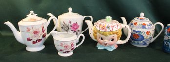 4 Teapots & Creamer  - One Lid Not Original, Lefton Lady Teapot Has Small Chip On Spout (143)