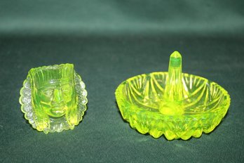 Vaseline Jewelry Holder & Boyd Indian Toothpick, Uranium Glass 2.5'H   (145)
