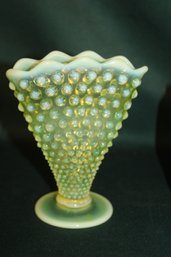 Fenton Vaseline Opalescent Hobnail Uranium Glass  Topaz Fan Vase, 6'H  (147)