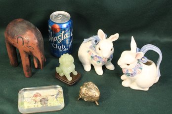 Vintage Lot - Creamer & Sugar, Elephant Figurine, Paperweight, Jade Like Lion, Trinket Box (149)