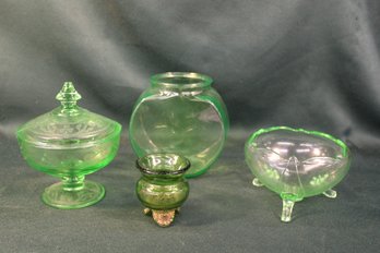 Uranium Glass Cloverleaf Depression Covered Candy, Footed & Fish Bowls & 1904 Toothpick  (149)