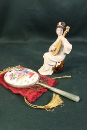 Shiwan Porcelain China Figurine & Hand Mirror W/ Jade(?) Handle (150)