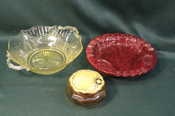 9' Yellow Pattern Glass Bowl, Amber Glass Covered Dresser Jar & 9'D, Rare Roseville Ashtray  (154)