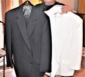 Men's XL 2 Piece Navy Pin Stripe Suit & White Dinner Jacket    (155)