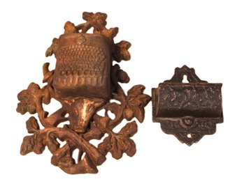 2 Antique Wall Mounted Metal Match Holders - One Marked Blue Ridge Lodge, Pat. June18, 1884   (155)