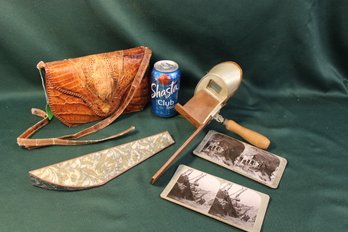 Stereo Optic Viewer & 2 Cards Of 1917 Military Scenes, 'Create-A-Scope' Kaleidoscope & Alligator Purse  (156)