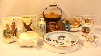 Antique 2 Roseville Mugs, Ben Franklin Teapot,  Bavaria Child's Bowl, Noritake Bowl, More   (15)
