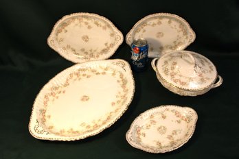 Antique Porcelain 4 Platters (16', 12', 11' 9') And Covered Casserole, Victoria Austria  (161)