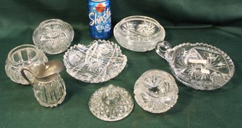 Cut & Pressed Glass Lot - 6'd Signed Libby Cut Nappie,3 Dresser Jars, Syrup, Cut Bowl, More  (161)