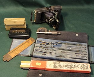 ALVIN Germany Drafting Set, Snake Bite Kit, Folding Rule, Micrometers, Slide Rule & Kodak Camera  (164)