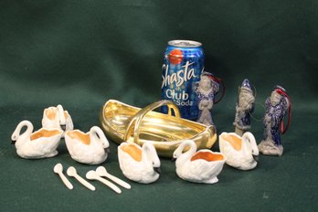 3 Rowe Pottery Figures, 6 Small Noritake Swans W/4 Spoons  & Gold Colored Handled Bowl165)