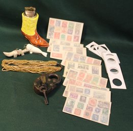 Misc. Lot - Old Padlock W/key, 16' Long Beaded Necklace, 10 Packs Foreign Stamps, 2 NW 3'H Figures,    (165)