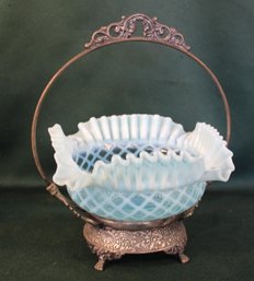 Antique Hand Blown Opalescent Glass Ruffled Edge Bride's Bowl In Metal  Holder, 10'H   (168)