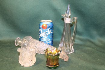 Tall Glass Cruet W/stopper, Pressed Glass Powder Horn Whiskey,  Glass Car Vase (Tip As Is) (9'h)  (169)