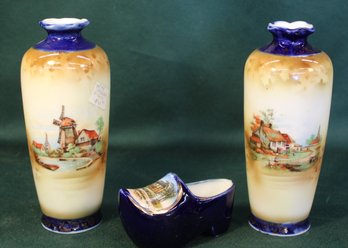 Antique Pair Of Decorated Porcelain Vases 7'H, Porcelain Shoe Of Valley Forge, Pa.   (174)