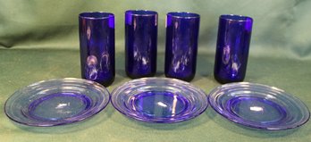 4 Cobalt Blue Glass 6'H Tumblers & Blue 7'D  Plates  (176)