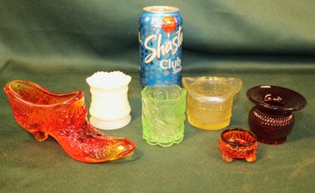 Green Uranium Glass Toothpick, Amberina Shoe & Salt, Red Glass Personal Spittoon, 2 Glass Toothpicks  (178)