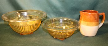 Antique 8' &  9.5' Wide Amber Mixing Bowls & 5'H Stoneware Pitcher  (179)