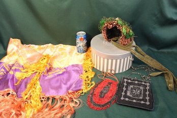 Antique 2 Beaded Purses, 1860 Hat In Box & 34'x 31' Reversible Table Cover  (186)