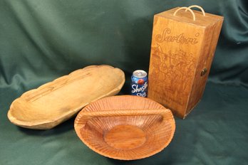 Wood Bowl, 18.5'x 8.5', Wood Handled Bowl 11'd, Wine Box 7' X 6' X 14'  (187)