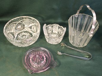 Cut Glass Bucket, 7' Bowl, Sun Turned Purple  Reamer, Ice Bucket & Tongs   (196)