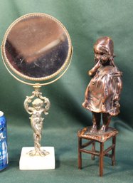 Bronze Girl On Stool Figurine, Signed, 11'H, Standing Boudoir Mirror, 13'H  (202)