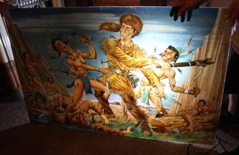 Antique 'Davy Crockett' Depiction Painted On 3/8' Plate  Glass, 56'x 36'H   (206)