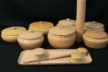 11  French Ivory Py-ra-lin Pcs. -covered Dresser Jars, Tray, Boot  Hook, More(20)