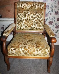 Ornate Upholstered, Carved Oak Arm Chair, Ca. 1880, (1 Medallion Loose, 1 Missing ) (210)