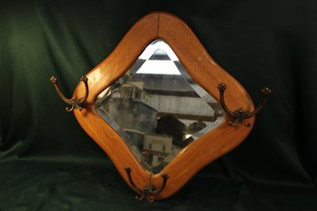 Antique Oak Framed  Hanging Beveled Glass Mirror With Hooks, 24' Wide   (212)
