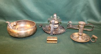 2 Candle Holders (One As Is), SP Bowl W/squirrel, Metal  Pill Box  (213)