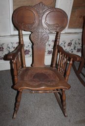 Oak Pressed Back Arm Rocker W/embossed Leather  Seat, Spindles, Ca 1890 (217)
