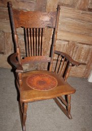 Oak Press Back Arm Rocker W/ Spindles, Embossed Leather Seat, Ca. 1890, Quartered   (221)