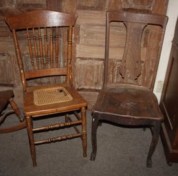 2 Oak Side Chairs, Solid Seat W/claw Feet & Damaged Caned Seat, Ca. 1890     (224)