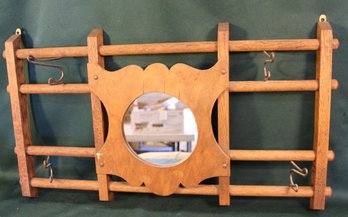 Antique Oak Hanging Wall 4 Hook Hat Rack W/mirror, 24'x 14'   (225)