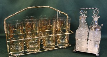 7 Mid Century Gold Leaf Tumblers In Holder & Early 4 Pc Matching Bottles Cruet Set   (228)