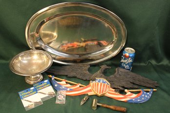 Assorted Lot- Gun Powder Measure, Victorian Letter Holder Clip, SP Compote, Eagle 22' Figure, 19' Tray  (232)