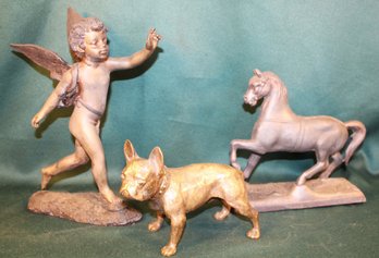 3 Antique  Metal Figurines - Winged Boy 11'H, Horse 8'H  & Dog 6'H  (235)