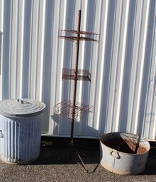 3 Primitive Pieces - Plant Stand 62'H, 30 Gallon Can & 15 Gallon Tub As Is  (238)