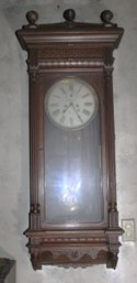 Ornately Carved BW Waterbury Weight Driven, Hanging Regulator Clock W/second Hand & Key, 18.5x7.5x48'H   (238)