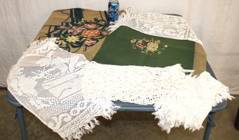 Antique Textile Lot - 2 Embroidered Seat Covers & 4 Pcs Lace (one Damaged)  (239)