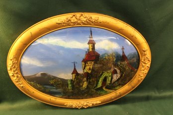 Antique Oval Convex Glass Framed Old World Painting On Glass, 23x 17'H  (23)