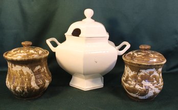 Porcelain Soup Tureen 12'H & 2 Covered Ceramic Jars   (240)