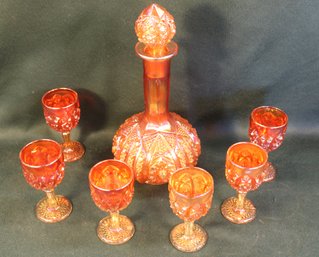 Fabulous Marigold Carnival Glass Decanter (10'H) And 6  Matching Cordials (4'H)   (244)