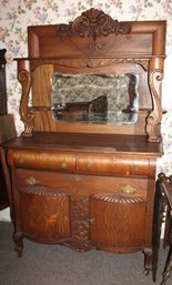 Antique Oak Carved Bow Front Sideboard W/ Shaped, Beveled Mirror, 45x22x76'H  (243)